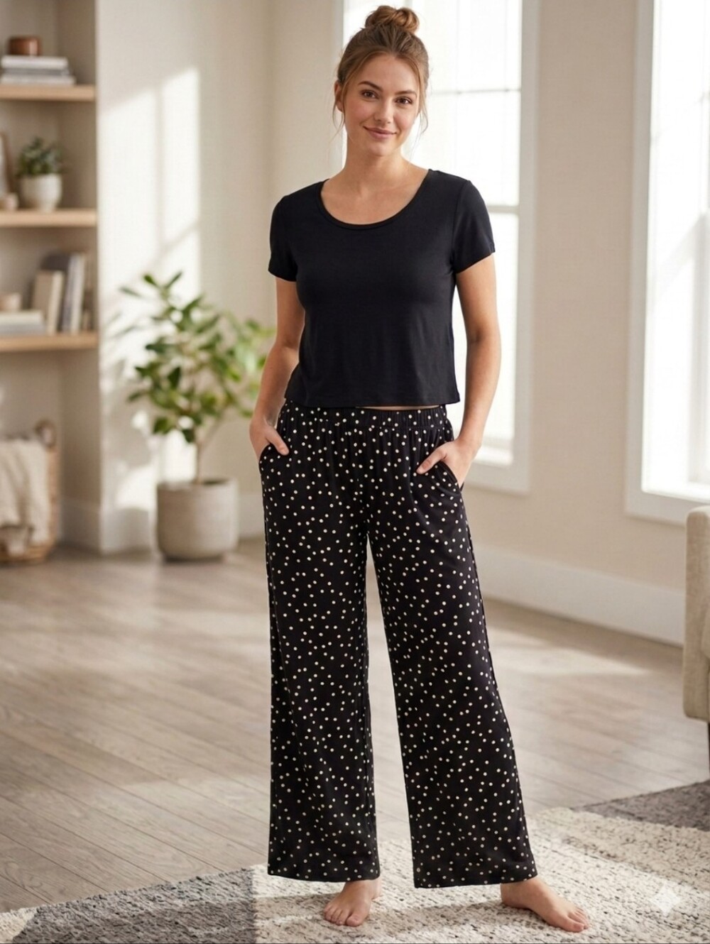 Soma Black Tee with White Polka Dot Lounge Pants